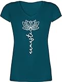 T-Shirt Damen V Ausschnitt - und Wellness Geschenk - Namaste Lotusblüte Yoga Chakra - M - Türkis - shirt kurzarm tshirt Frauen Baumwolle oberteil shirts neck Blumen t yoga-shirt tischört