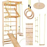 Physionics® Sprossenwand Set - Für Kinder/Erwachsene, inkl. Klimmzugstange/Ringe/Trapez/Schrägbrett/Strickleiter, aus Holz, bis 100kg, Indoor - Kletterwand, Klettergerüst, Turnwand, Schwedische Leiter